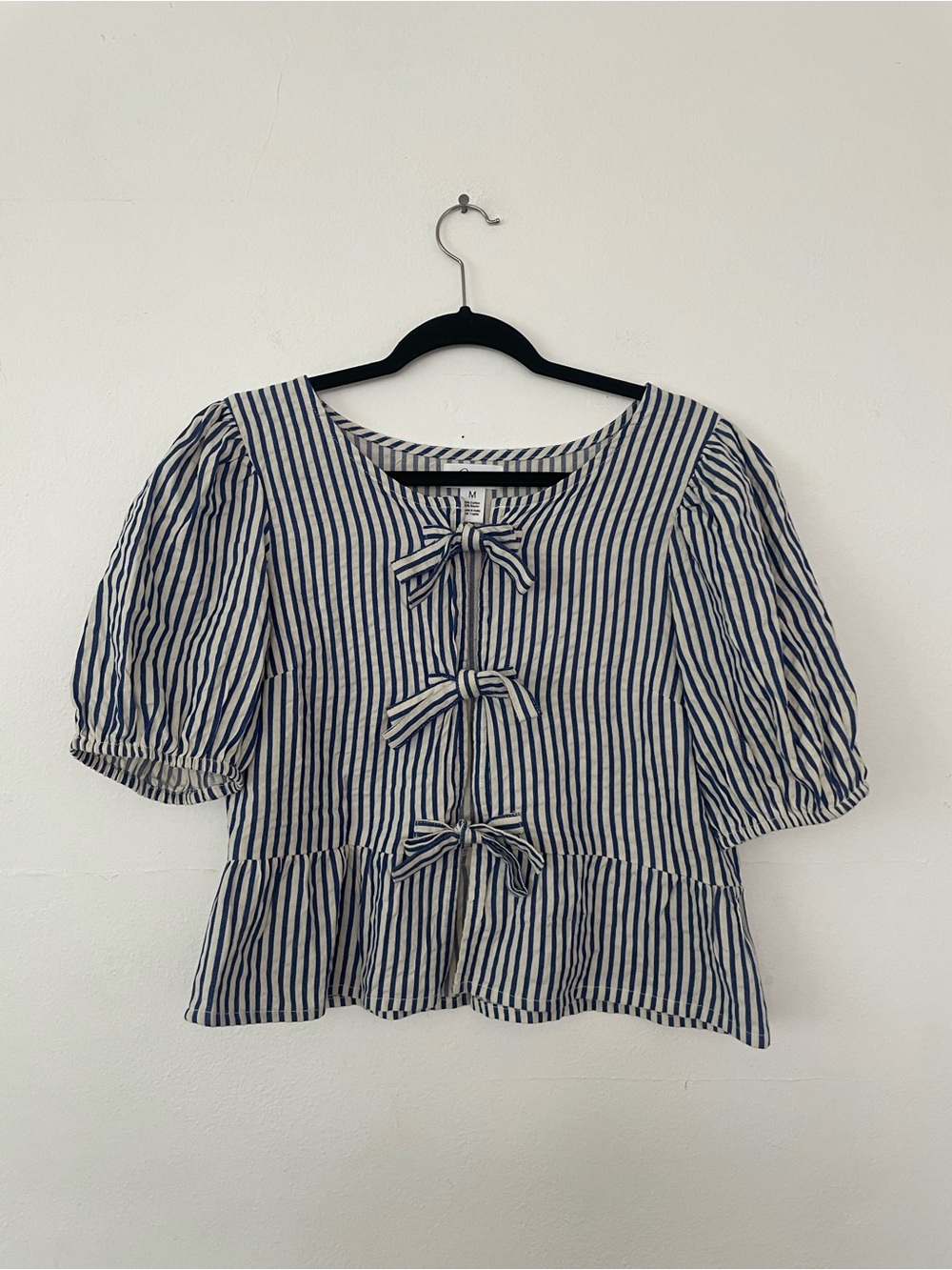 Navy & White Striped Bow-Front Peplum Blouse